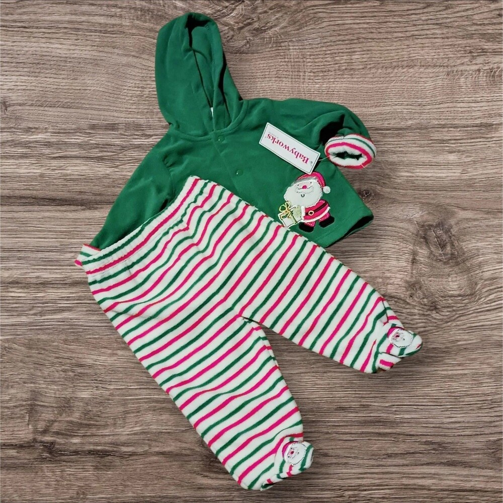 Babyworks Baby Boys Girls Christmas Santa Green Fleece Hooded Top Footed Pants
